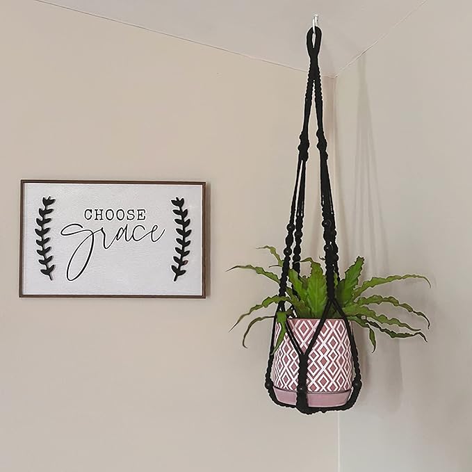 Mkono Macrame Plant Hanger Indoor Hanging Planter Basket with Wood Beads Decorative Flower Pot Holder No Tassels for Indoor Outdoor Boho Home Decor 35 Inch, Black, Set of 3 (POTS NOT Included)