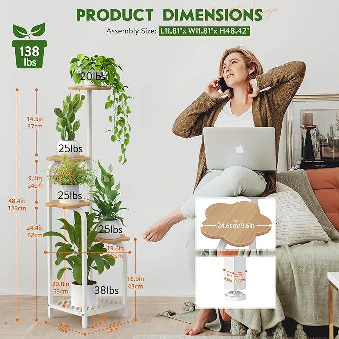 TOSKING 5 Tier Plant Stand Indoor 48''H Tall ,Heavy Duty Plant Shelf , Corner Shelf Flower Pot Stand for Outdoor Plant Stand for Living Room Balcony Garden Patio Bedroom (White and Wood)