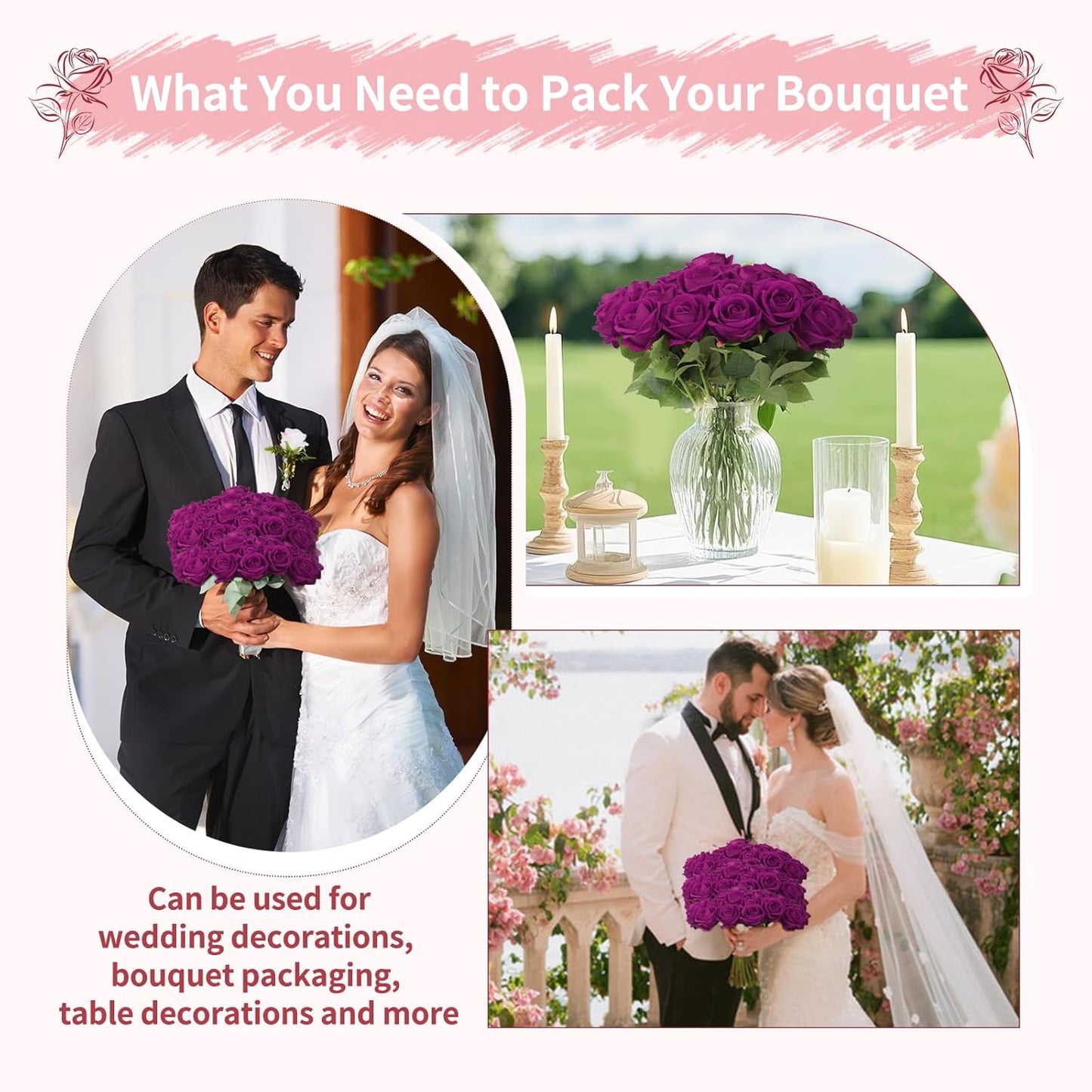 55 PCS Fake Roses Artificial Flowers Bulk, Purp Roses Bridal Bouquet Silk Faux Rose with Stems for Wedding Flowers Decoration, Valentine's Day, Bridal Bouquet, Anniversary,Home Decor (55PCS, Purple)