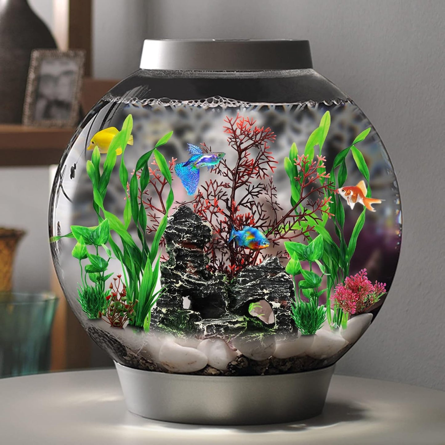 Fish Tank Decorations Plants with Resin Cave Rock View, 9pcs Aquarium Decorations Plants Plastic,Fish Tank Accessories, Fish Cave and Hideout Ornaments, Aquarium Decor