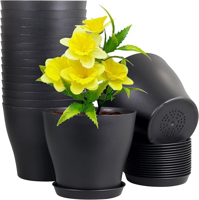6 inch Plastic Nursery Pots, 16 Pack Plant Pots for Small Indoor Outdoor Plants, Flower Pots with Drainage Holes and Saucers, Decorative Seedling Starter Planters for House Plants, Black