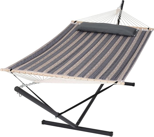 SUNCREAT Hammock with Stand 2 Person Heavy Duty, Freestanding Hammock with Spreader Bar, Soft Pillow, Gray Stripes