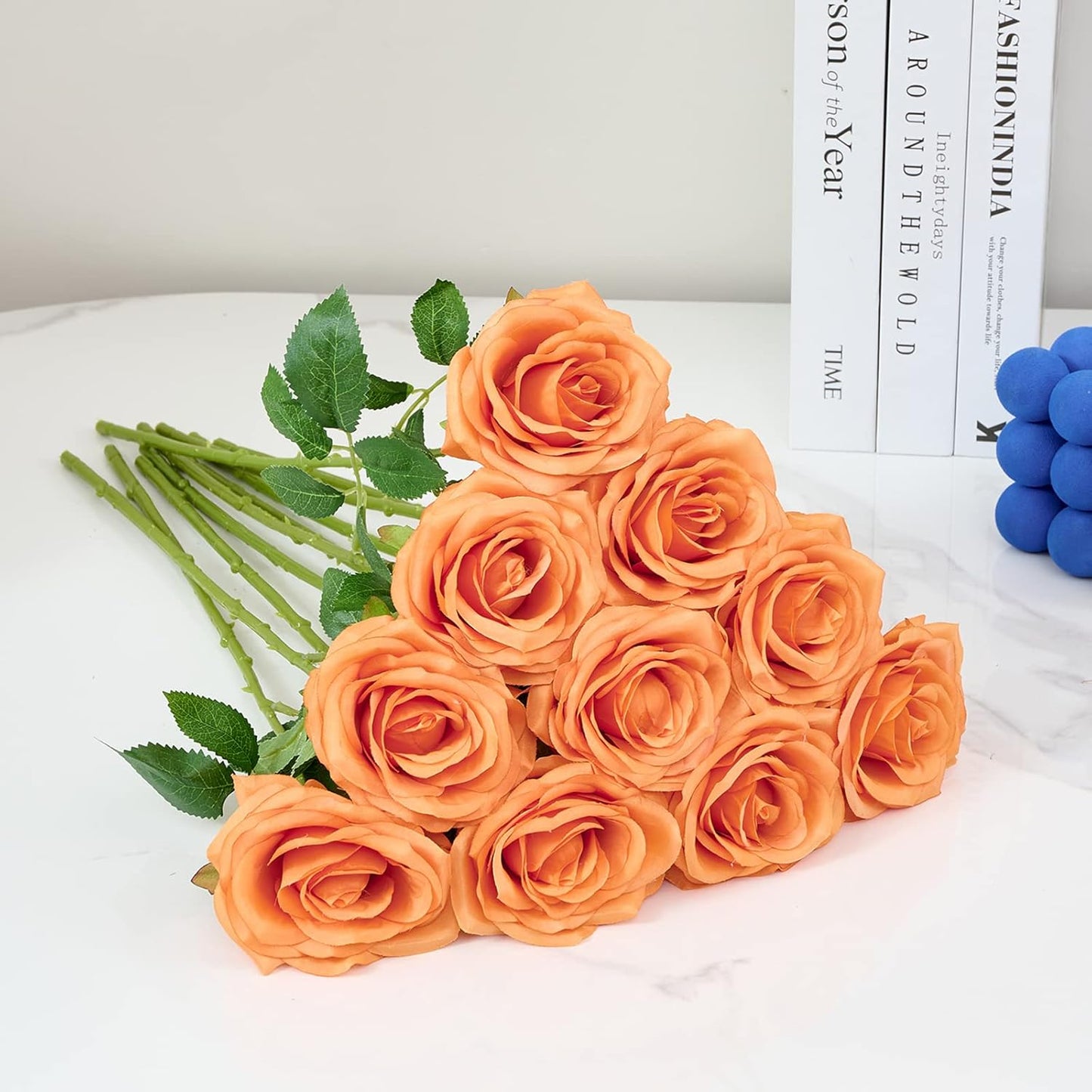 Artificial Rose 10pcs Orange Open Flower Bouquet Faux Rose Stems for Wedding Arrangement, Bridal Bouquet, Centerpiece, Fake Faux Silk Flowers