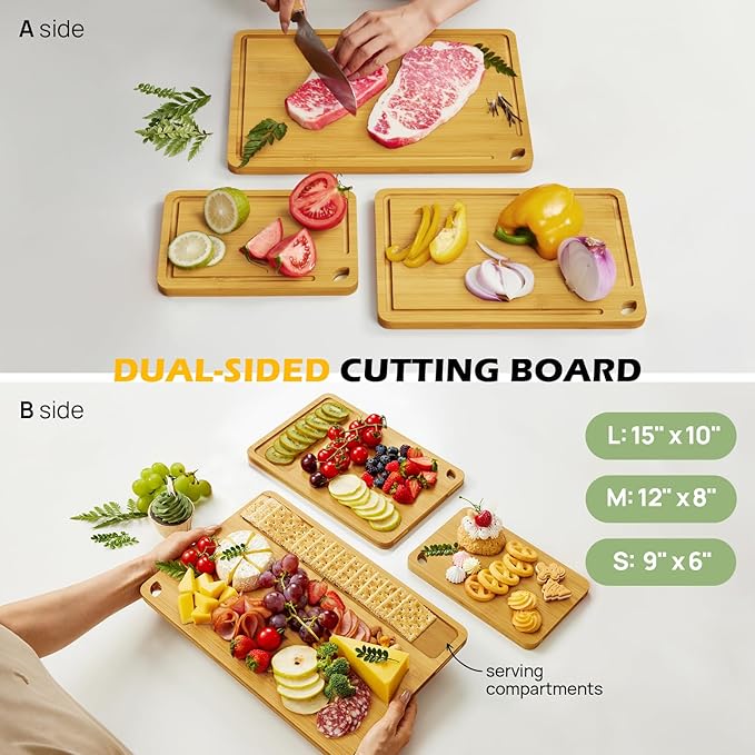 Wood Cutting Board for Kitchen - Reversible Bamboo Cutting Boards Gift Set of 3 with Juice Groove, Wooden Chopping Board for Meat, Fruit, Vegetables & Cheese (Pre Oiled, Natural)