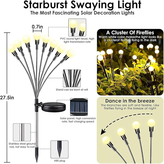 OZS 4Pack Total 32LED Solar Garden Lights -Solar Lights Outdoor, Solar Firefly Lights, Sway by Wind, Solar Fairy Lights Outdoor Waterproof for Patio Pathway Garden Decor(Warm White)