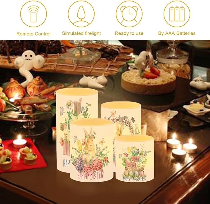 Happy Easter Flameless LED Candles Electric Candles with Remote Timer Colorful Light Control Long Lasting for Easter Day Decorations Pack of 4, Bunny Flower Butterfly Wreath, White