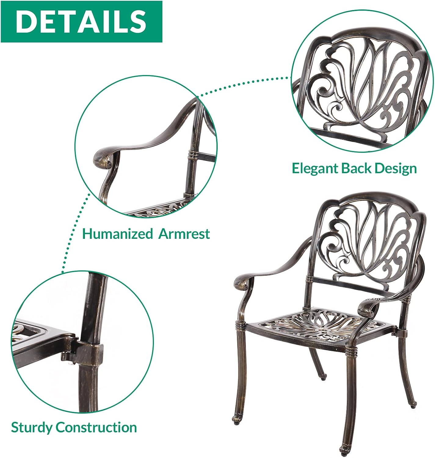 VIVIJASON 3-Piece Patio Furniture Dining Set, All-Weather Cast Aluminum Outdoor Bistro Set, Include 2 Chairs and 31" Round Table w/Umbrella Hole for Balcony, Lawn, Garden, Backyard