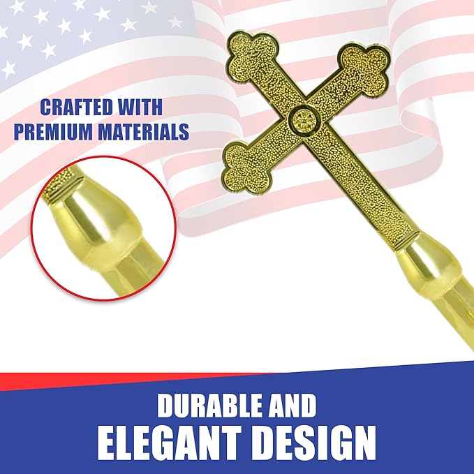 Super Tough Indoor Flag Pole kit 8ft -Fancy Cross Plastic -Gold Texture Base - Aluminum Flagpole with Brass Finish - Heavy Duty Inside House Flagstaff - Interior Shaft and Stand - No Ensign Included
