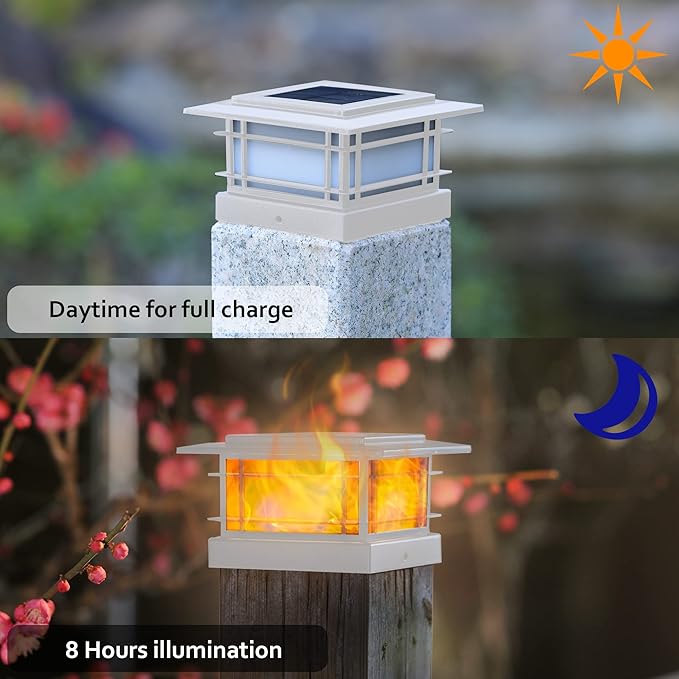 Dynaming 8 Pack Solar Flame Post Lights Outdoor, Solar Powered Fence Post White Shell Cap Light, High Brightness Flickering Flame LED Lighting for Garden Deck Patio, Fit 4x4 5x5 6x6 Vinyl/Wooden Posts