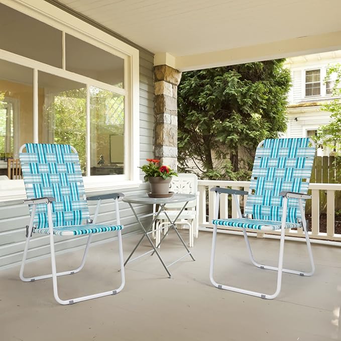 VINGLI Patio Lawn Webbed Folding Chairs Set of 2, Outdoor Beach Chair Portable Dining Chair for Outdoor Yard, Garden (White & Blue, Classic)