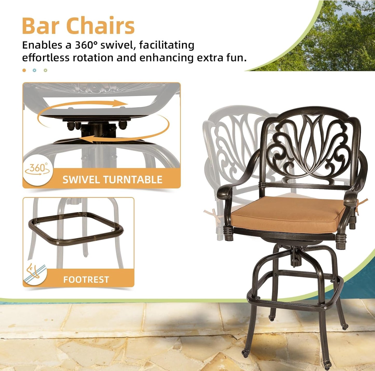 5 Pieces Patio Swivel Bar Set, Patio Bar Table and Chairs Set, All-Weather Cast Aluminum Outdoor Swivel Bar Stools of 4 and 35.4" Square Bar Table, High Top Bistro Set for Deck, Pool, Garden