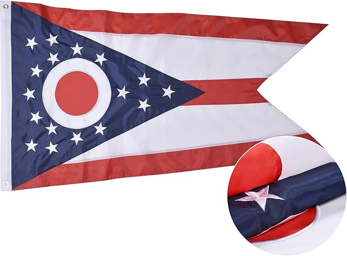 Ohio State Flag 5x8 Ft, Deluxe Embroidered Heavy Duty Polyester Durable OH Outside Flags, Indoor/Outdoor, Sewn Stripes and Brass Grommets