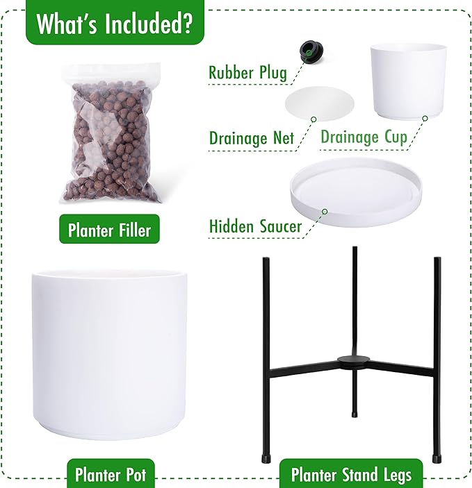 D'vine Dev Modern White Plants Pot Cylinder Planter with Heavy Duty Stand, Medium 10 Inch Pot, 16.3 Inch with Stand Height, 96-T-A-2