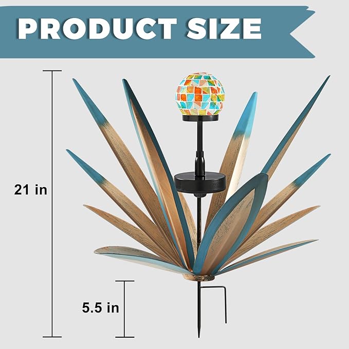 Enlarge Metal Plants Tequila Rustic Sculpture, Outdoor Patio Yard, Home Decor Hand Painted Agave Garden Statue, Outdoor Lawn Ornaments Yard Stakes for Mom Gift (2 Solar Blue)