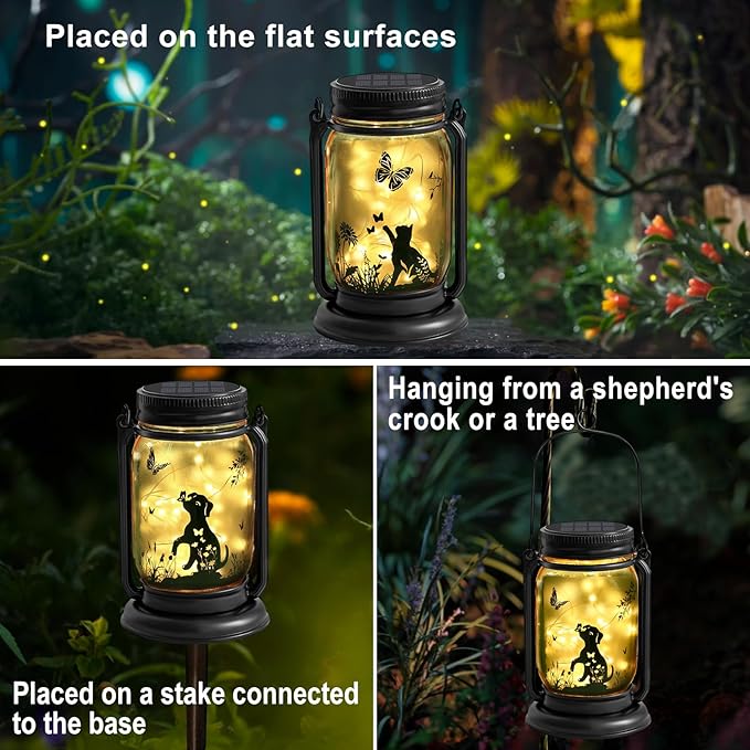 YJFWAL Solar Cat & Butterfly Lanterns Outdoor Waterproof - Cat Lover Unique Birthday Mothers Day Gifts for Women Mom Grandmom , LED Hanging Mason Jar Fairy Lights for Garden Yard Patio Decor