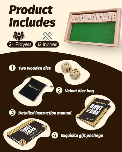 Original 12 Numbers Shut The Box Game, Math Dice Board Game for Family Night, Camp, Wooden Classic Tabletop Gift for Group Kid Adult Senior, Travel Party Bar, Easy Quick and Fun, Portable Style