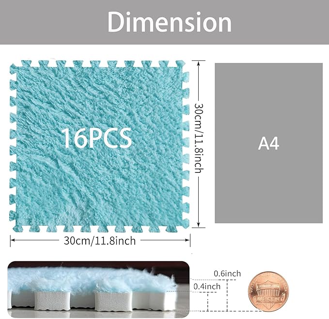 16pcs 0.6" Thickened Interlocking Tile Mats,Fluffy Shaggy Soft EVA Foam Area Rug for Living Room & Bedroom,Non-Slip Protective Floor Carpet Play Mat Kids Baby Dorm Home Decor (11.8ft, Blue)