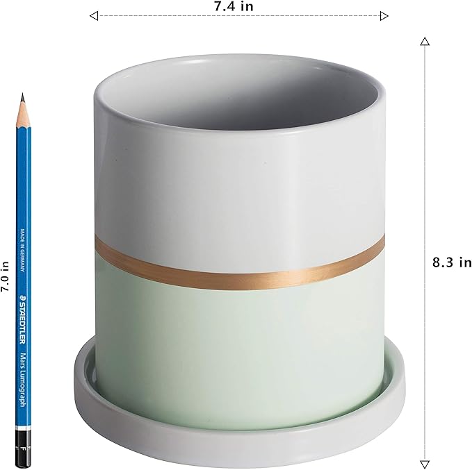 Ekirlin 8 inch Plant Pot - Ceramic Flower Planters Indoor - Modern Succulents Containers with Drain Hole Saucer, Decorate Home, Office & Outdoor (Green)