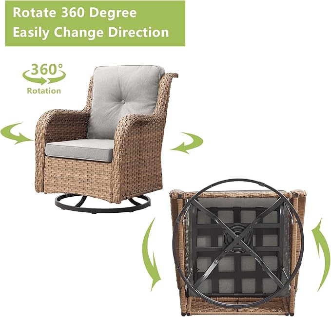 Outdoor Patio Swivel Rocker Chairs - Wicker Rattan Patio Swivel Rocking Chairs Set of 2 with High Back,Deep Seating and Comfort Cushions for Deck Porch Garden,Yellow/Beige