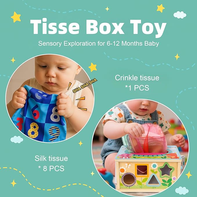 6-in-1 Montessori Baby Tissue Box Toy, Wooden Activity Cube for 6+ Months, Color & Shape Sorter Puzzles Sensory Toys for 12-18 Months. Baby Early Education Fine Motor Skills Gift for Toddlers 1-3