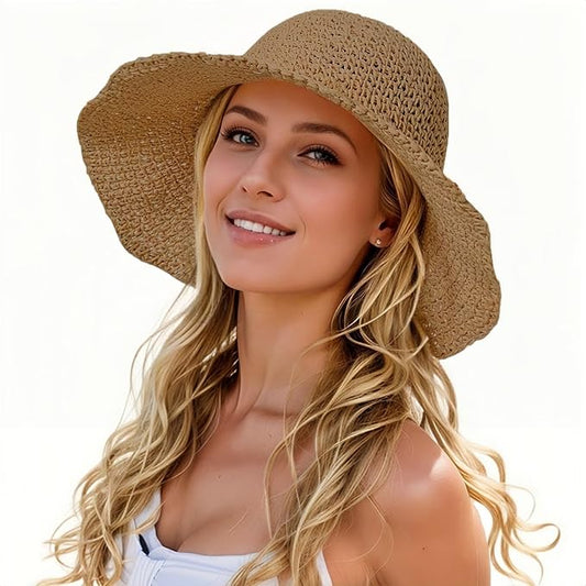 Womens Straw Beach Sun Hats, Foldable Packable Floppy Handmade Crochet Hats for Women,Large Summer Vacation Wide Brim Hat