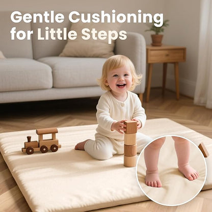 Baby Play Mat 50x50 Inches,1.3" Thick Padded Waterproof Floor Cushion & Playpen Mat with Vegan Leather,Non-Slip & Non-Toxic Nursery Rug for Infants, Toddlers & Kids(Beige)