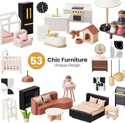 Tiny Land Doll House, Modern Family Dollhouse with Realistic Design, Wooden Dollhouse with 53Pcs Furniture - Ideal Gift for Kids Ages 3+