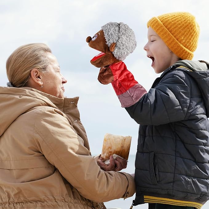 1 Pcs Family Hand Puppets 12 Inch Grandparents Mom Dad Brother Sister Plush Hand Puppet Toys Role-Play Toy Puppets for Kids Storytelling Imaginative Pretend Play Teaching Preschool(Black Grandmother)