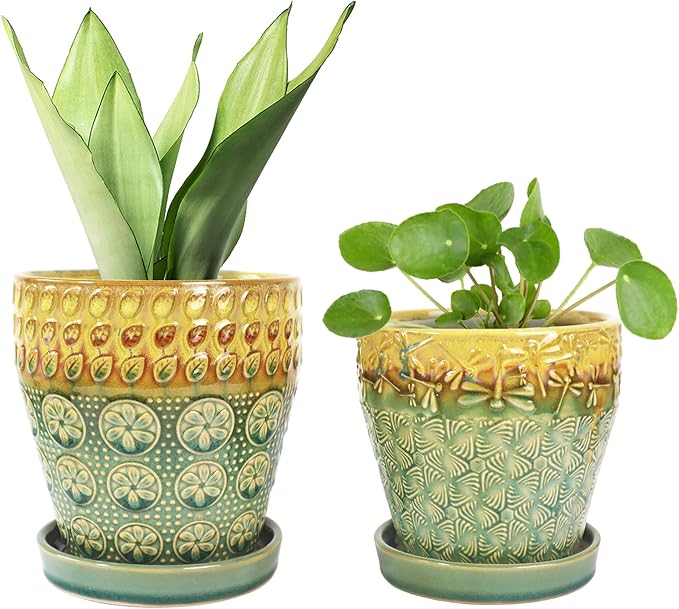 6 Inch + 5 Inch Ceramic Planter Pot with Drainage Holes, Saucers and Mesh Pads for Indoor-Outdoor Plants, Succulent Orchid Flower, Round Plant Pots, Set of 2