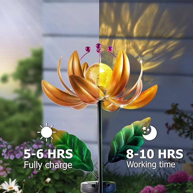 Solar Lights Wind Spinners for Yard and Garden - Metal Lotus Flower Windmills LED Crackle Glass Globe Outdoor Garden Decor Yard Art Lawn Ornament