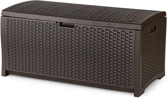 Suncast Outdoor Storage Box - 73 Gallon Mocha Brown Deck Box for Patio, Waterproof Outdoor Storage Bench, Resin Wicker Style, Heavy-Duty, Lockable Lid for Cushions, Shoes, Pool & Garden Gear