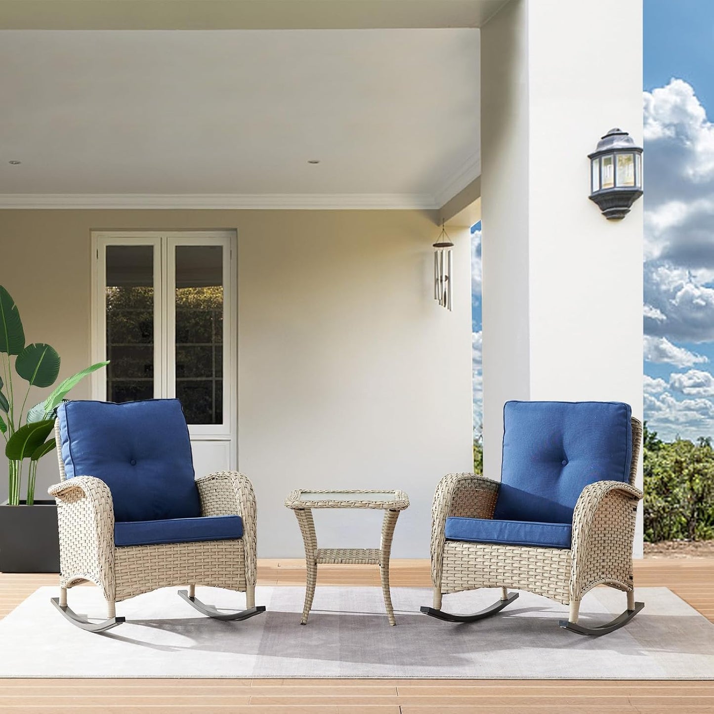 HUMMUH Patio Wicker Rocking Chairs Set of 2 Rattan Outdoor Rocking Chairs for Front Porch Garden Backyard Lawn Balcony Weather Rocker Chair with Side Table