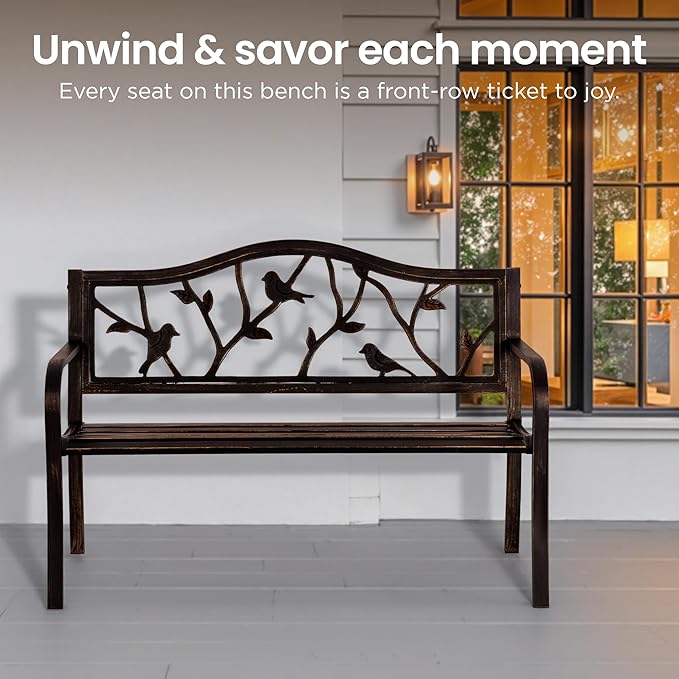 PHI VILLA Outdoor Garden Park Bench Patio 50" Metal Bench, Steel Frame Bench with Backrest and Armrests for Porch, Lawn, Balcony, Backyard and Indoor, Bronze