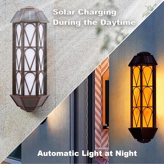 KINGLEAD Flickering Flame Solar Wall Lights Outdoor Waterproof, Light Sensor Outdoor Wall Lights with 2 Lighting Mode, Vintage Solar Wall Lights for House Garden Porch Backyard Patio, 2 Pack