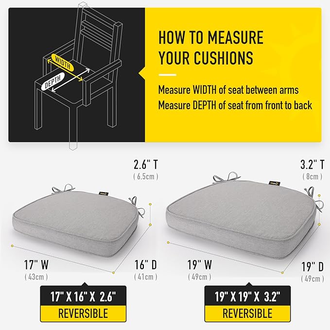 SUNROX Gel Memory Foam Chair Cushions, FadeShield Water-, Stain-Resistant Durable Reversible Seat Cushion Pads with Ties for Indoor/Outdoor Kitchen Dining Office, 19"x19", Set of 4, Heather Grey