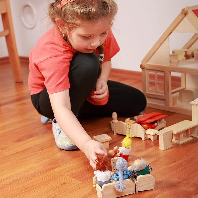 Sumind Wooden Doll House Furniture and Accessories Set With 27 Pieces Furniture, 8 Family Figures for Dollhouse Family Set