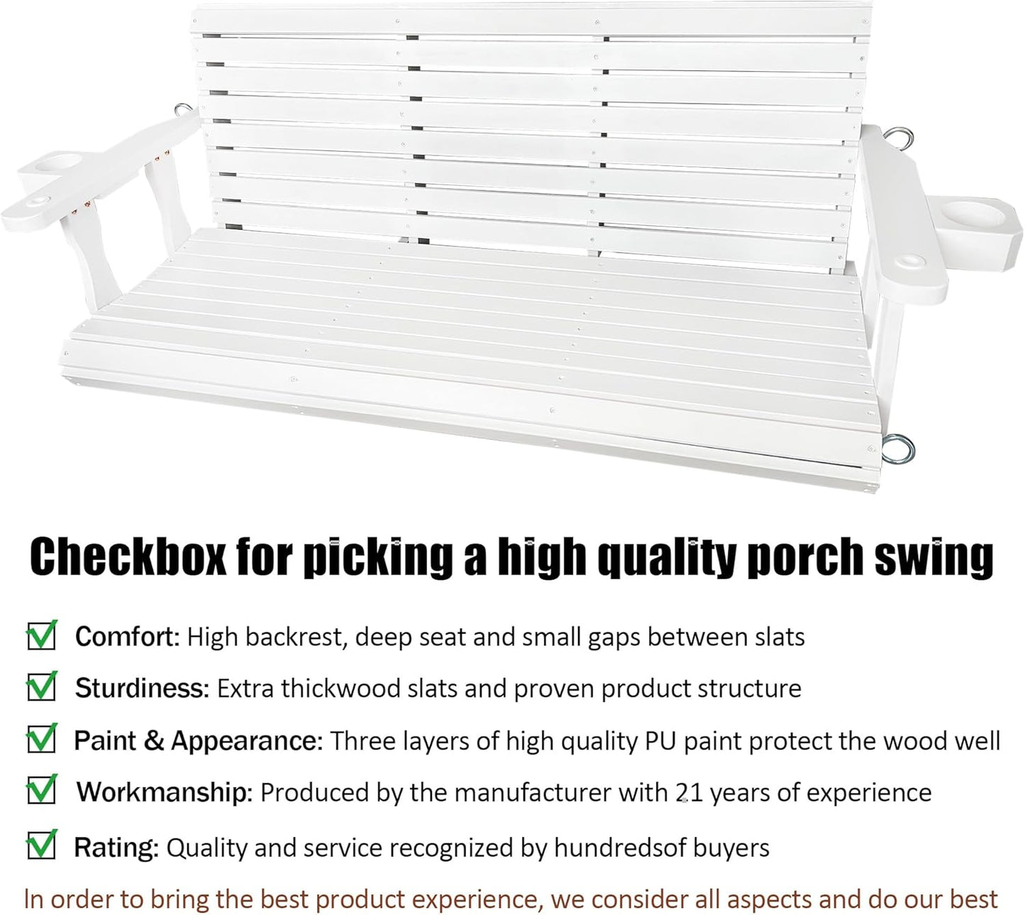 Wooden Porch Swing 3-Seater, High Backrest and Deep Seat, Bench Swing with Cupholders, Hanging Chains and 7mm Springs, Heavy Duty 880 LBS, for Outdoor Patio Garden (Pure White, 5 FT Extra Large)