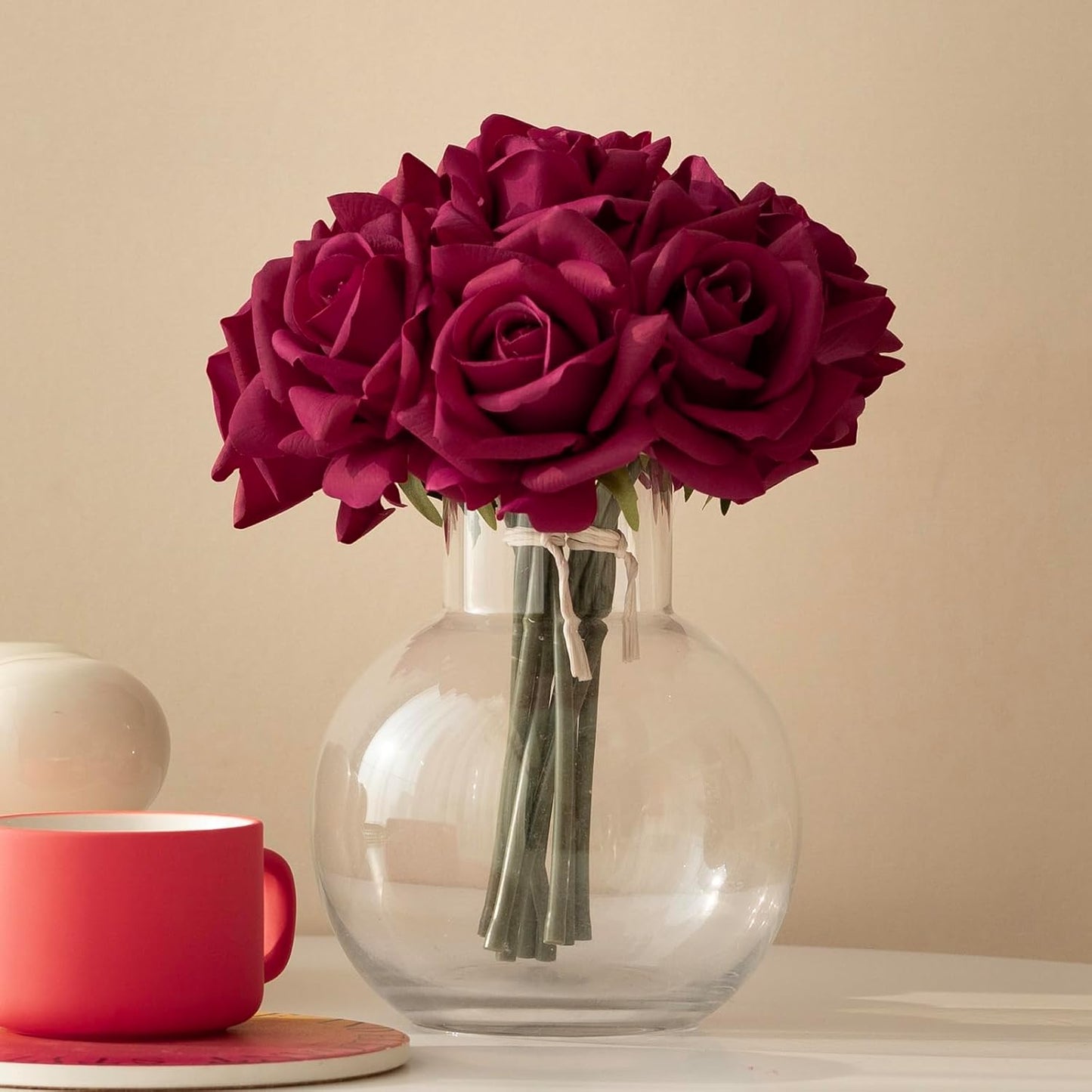 Artificial Roses Single Stem 10pcs Fake Silk Flower Arrangement Bouquet Real Touch for Home Party Wedding Decoration(Rose red)