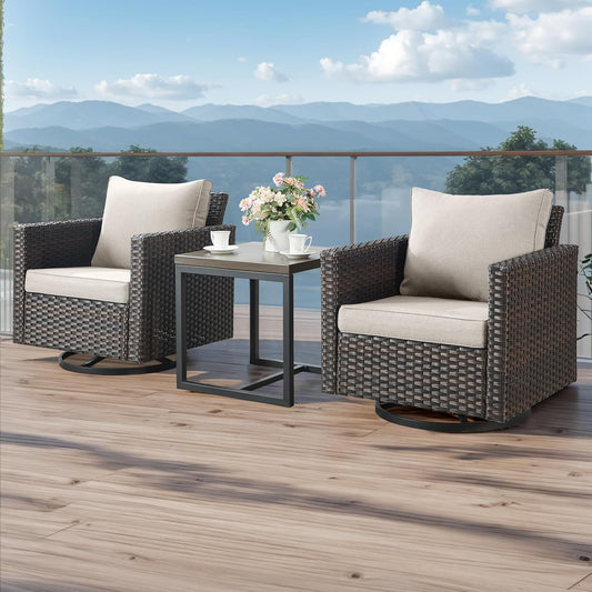 HUMMUH 3-Piece Patio Swivel Chairs,PE Wicker Outdoor Rocking Chairs Bistro Set with Side Table Porch Balcony Furniture with Cushions