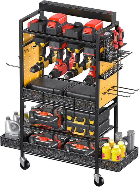 CCCEI Garage Power Tools Organizer Cart with Charging Station, Black Floor Standing Rolling Drill and Tools Battery Storage Cart on Wheels. Yellow Utility Rack Gift for Men, Husband, Father.