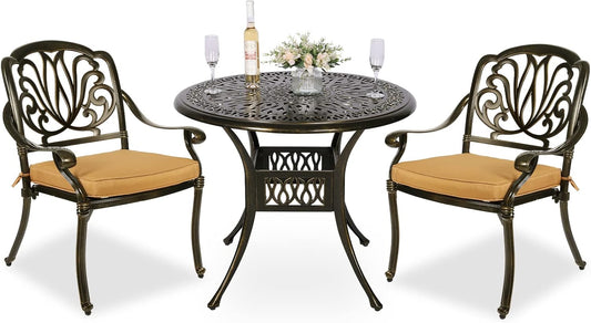MEETWARM 3 Piece Patio Bistro Set, Outdoor All-Weather Cast Aluminum Dining Furniture Set Includes 2 Cushioned Chairs and a 35.4” Round Table with Umbrella Hole for Garden Deck