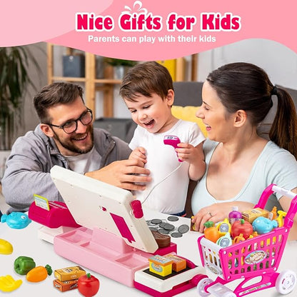 Kids Cash Register Toy with Shopping Cart Toddler Pretend Play Store Cashier Register for Kids with Music / Real Calculator / Scanner Learning Toys for Girls Birthday Gift for 3-8 Year Old Girl