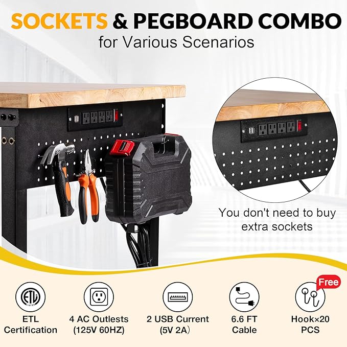 60" Workbench for Garage with Drawers Rubberwood Tabletop Work Table with Pegboard, Power Outlets Adjustable Height Work Bench for Office, Woodworking Shop, Home