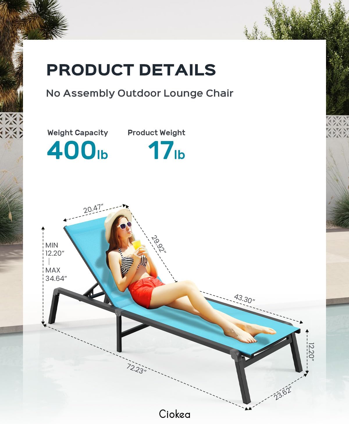 Patio Chaise Lounge Chair Set of 2, Foldable Lounge Chairs for Outside, Aluminum Chairs with 5 Adjustable Backrest, Outdoor Pool Lounger for Lawn, Poolside, Deck, Lake Blue