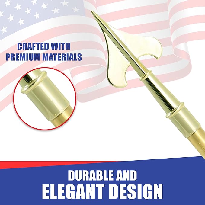Super Tough Indoor Flag Pole kit 9ft - Army Spear - Gold Texture Base - Aluminum Flagpole with Brass Finish - Heavy Duty Inside House Flagstaff - Interior Shaft and Stand - No Ensign Included