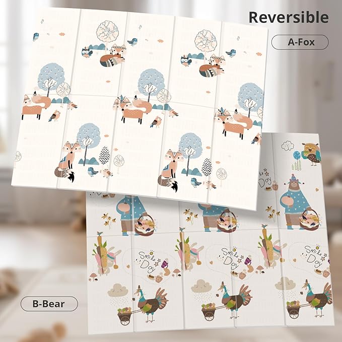 Baby Play Mat, Reversible, Waterproof Foam Padded Play Mat for Infants, Babies, Toddlers, Plays and Tummy Time, Foldable, 71x59 Inches Baby Crawling mat with Travel Bag for Indoor and Outdoor