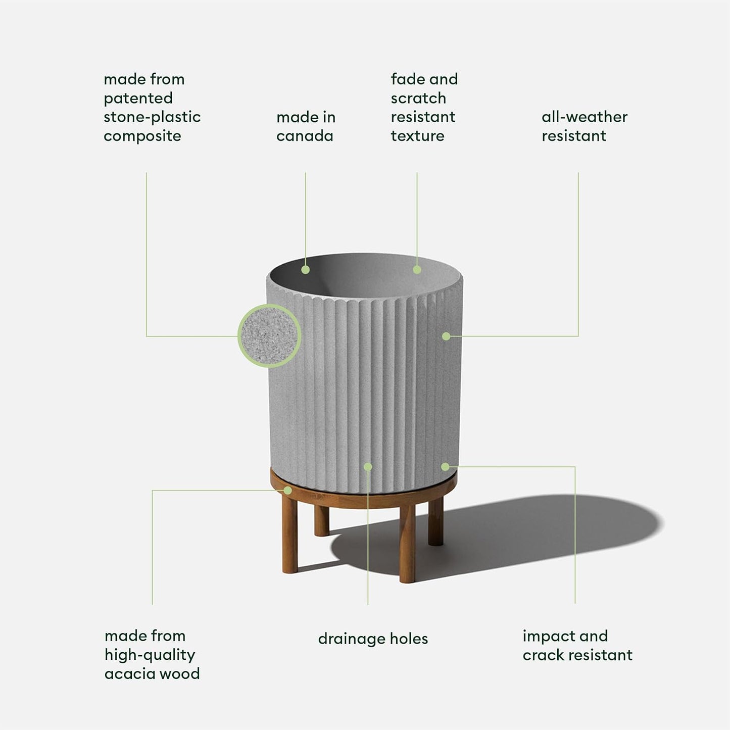 Veradek Demi Series Round Planter w/Stand for Porch/Patio | Durable Plastic-Stone Composite & Wooden Stand | Modern Décor for Tall Plants, Flowers