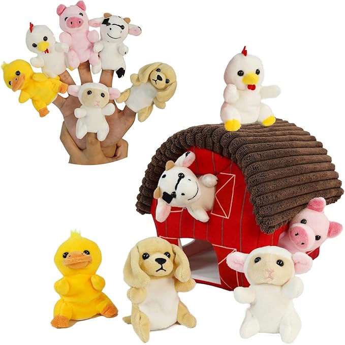 6 Pcs Farm Animals Finger Puppet with Farm Houses, Realistic Soft Plush Toy for Kids, Novelty Animals Toys Role-Playing Story Finger Puppets Plush Finger Puppets Gifts for Boys and Girls