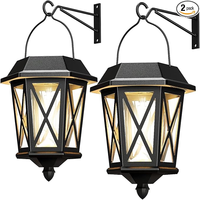 Solar Lanterns Outdoor Waterproof, Hanging Solar Lights with Glass Shade - 2 Pack LED Metal Wall Mount Outdoor Light for Yard/Garden/Patio - Black