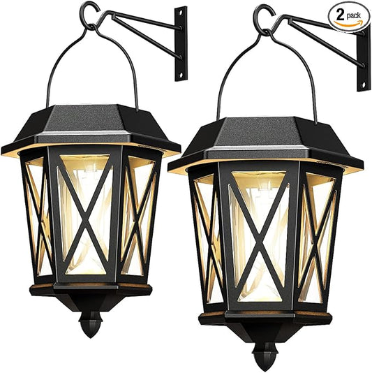 Solar Lanterns Outdoor Waterproof, Hanging Solar Lights with Glass Shade - 2 Pack LED Metal Wall Mount Outdoor Light for Yard/Garden/Patio - Black
